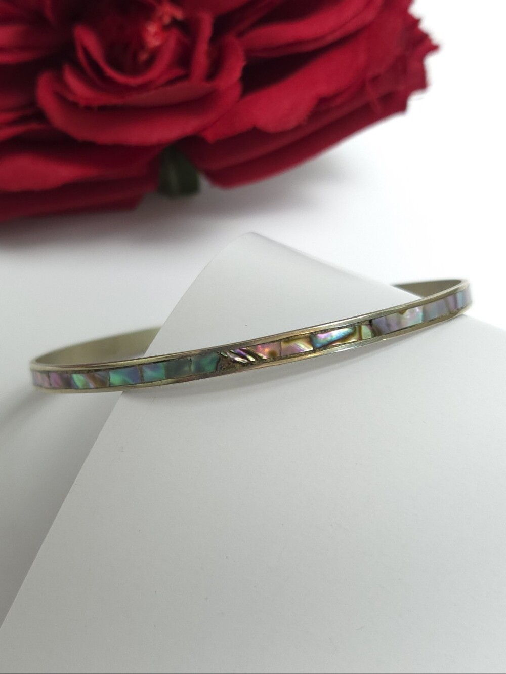 Sterling Silver Alpaca Mexico Albalone Shell Bangle Bracelet Amazing Vintage - Picture 5 of 16